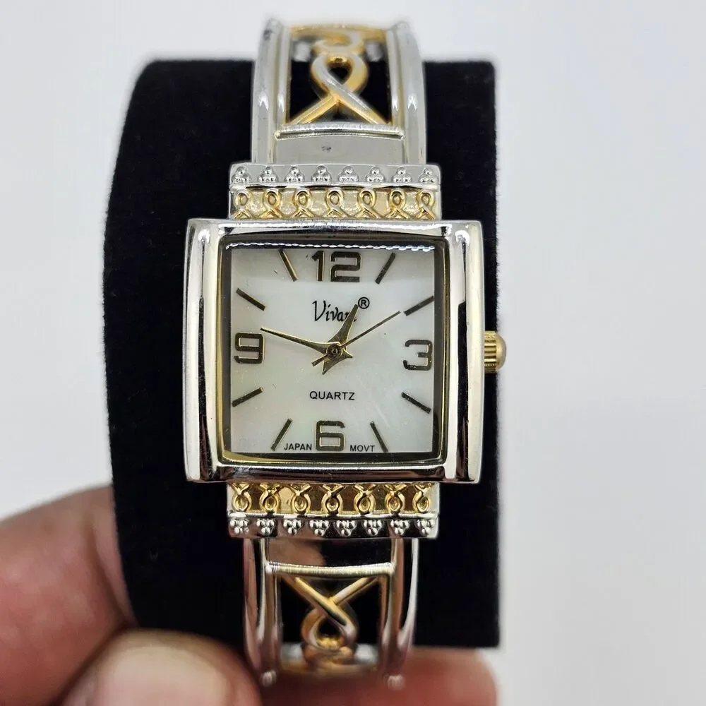Vivani Women's Cuff‎ Watch 25MM White Dial Two Tone Bracelet Band 6